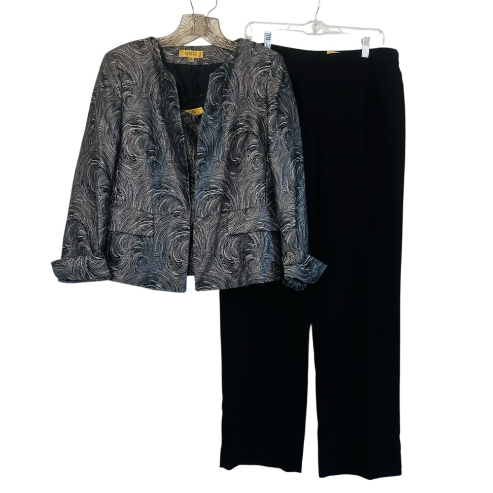 Kasper Black Pewter Silver Textured Swirl Pattern Women's 3 Piece Pantsuit